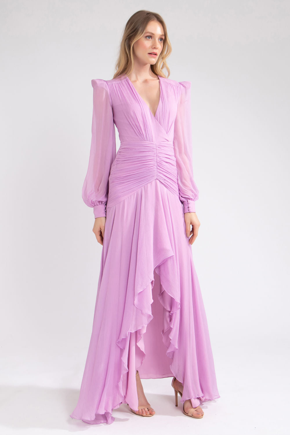 VESTIDO LONGO DRAPEADO OMBREIRAS  LILAS