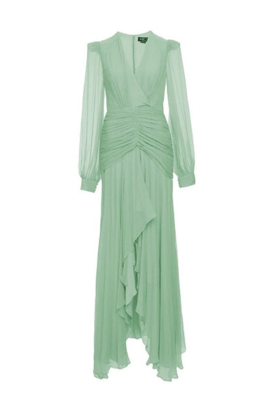 VESTIDO LONGO DRAPEADO OMBREIRAS  VERDE CLARO