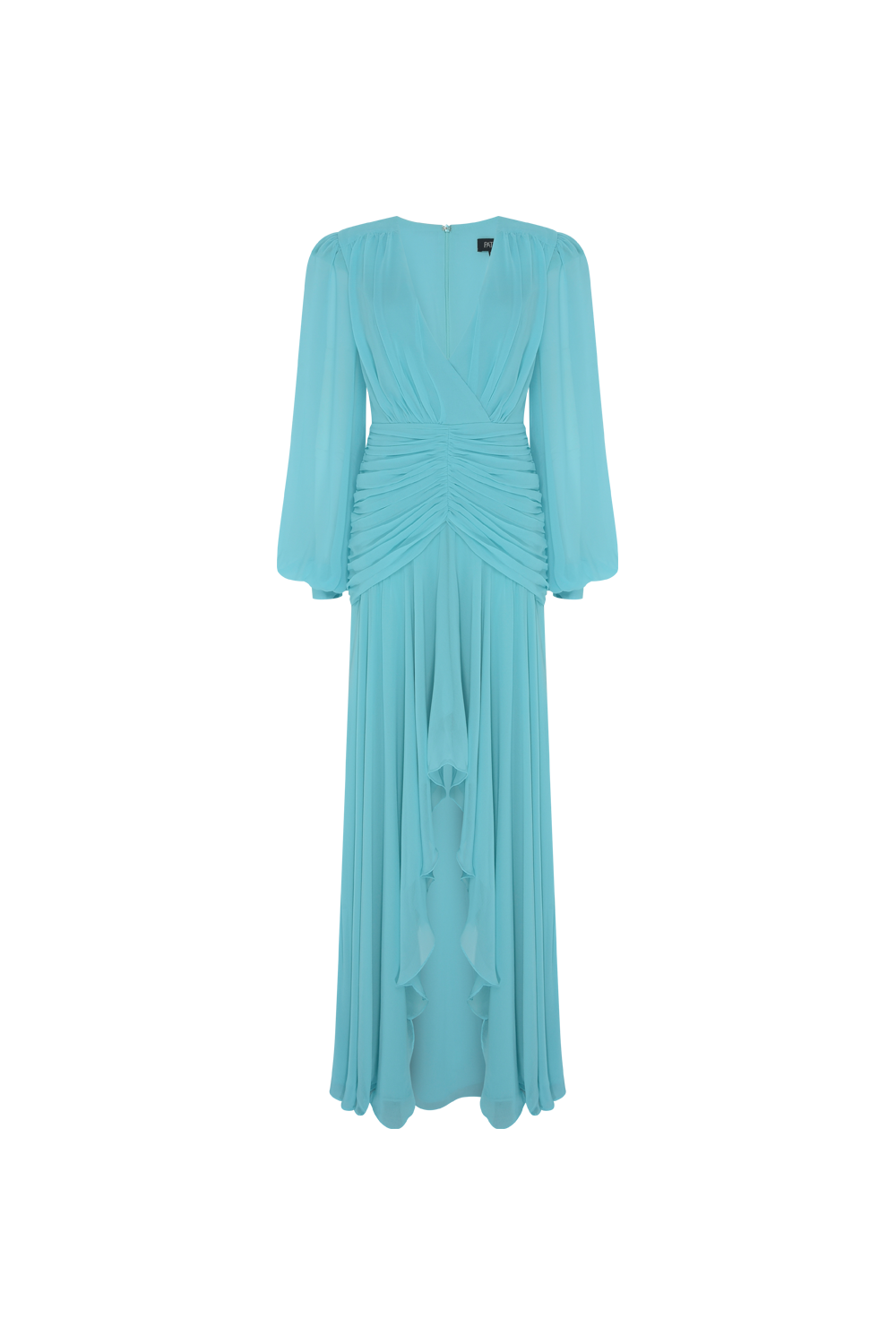 VESTIDO LONGO DRAPEADO OMBREIRAS VERDE AGUA