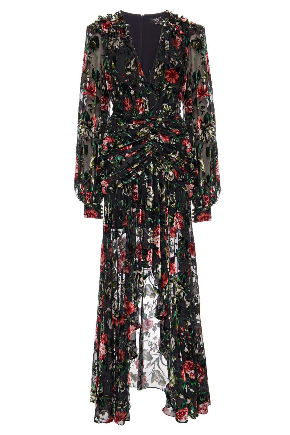 VESTIDO LONGO DRAPEADO VELUDO FLORAL PRETO