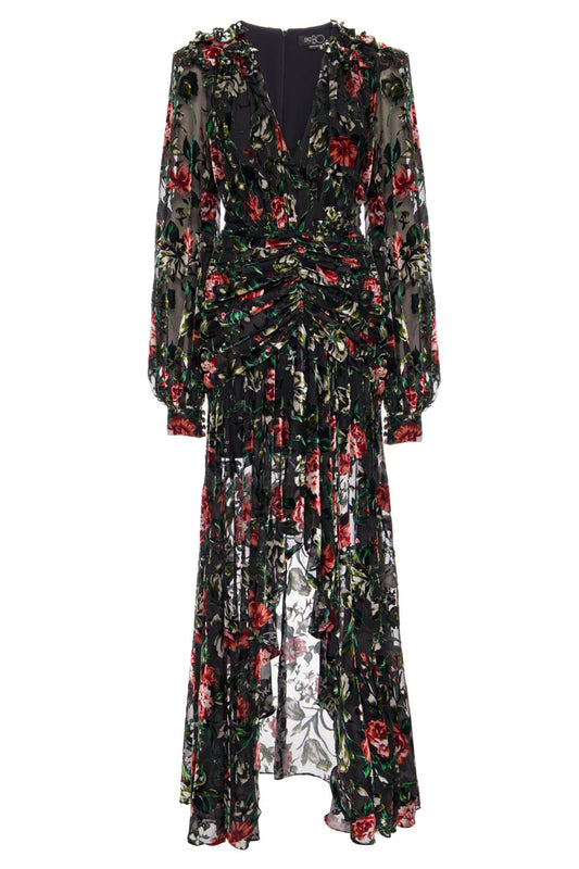 VESTIDO LONGO DRAPEADO VELUDO FLORAL PRETO