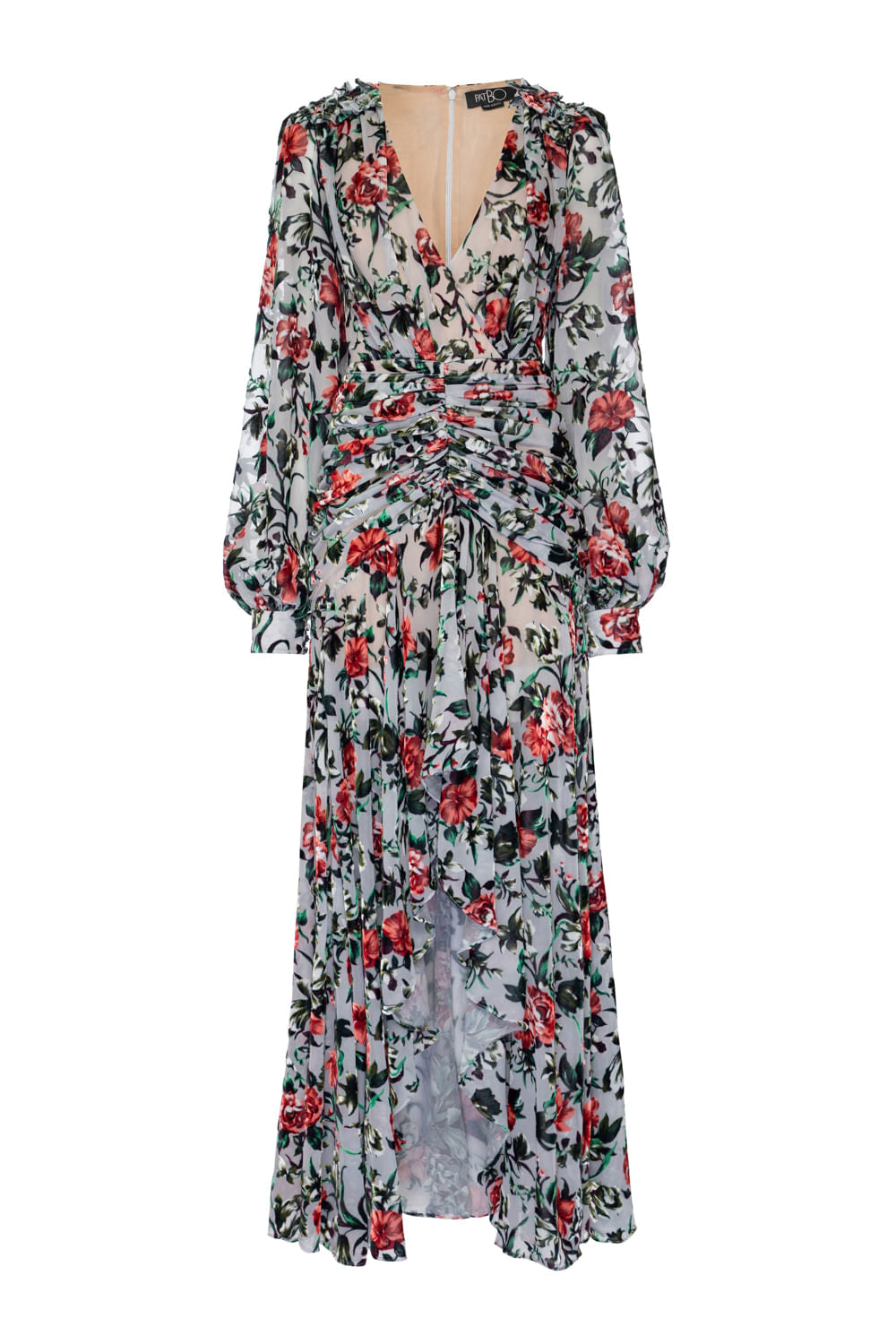 VESTIDO LONGO DRAPEADO VELUDO FLORAL AZUL