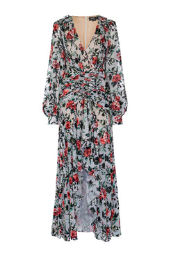 VESTIDO LONGO DRAPEADO VELUDO FLORAL AZUL