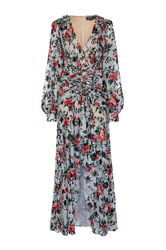 VESTIDO LONGO DRAPEADO VELUDO FLORAL AZUL