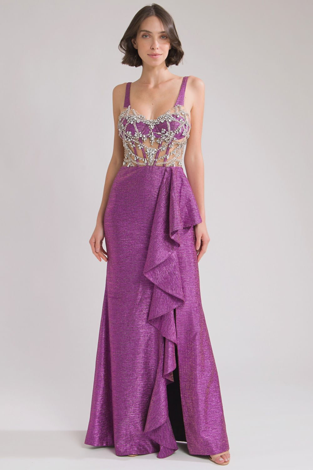 VESTIDO LONGO CORPETE PEDRARIA LUREX PINK