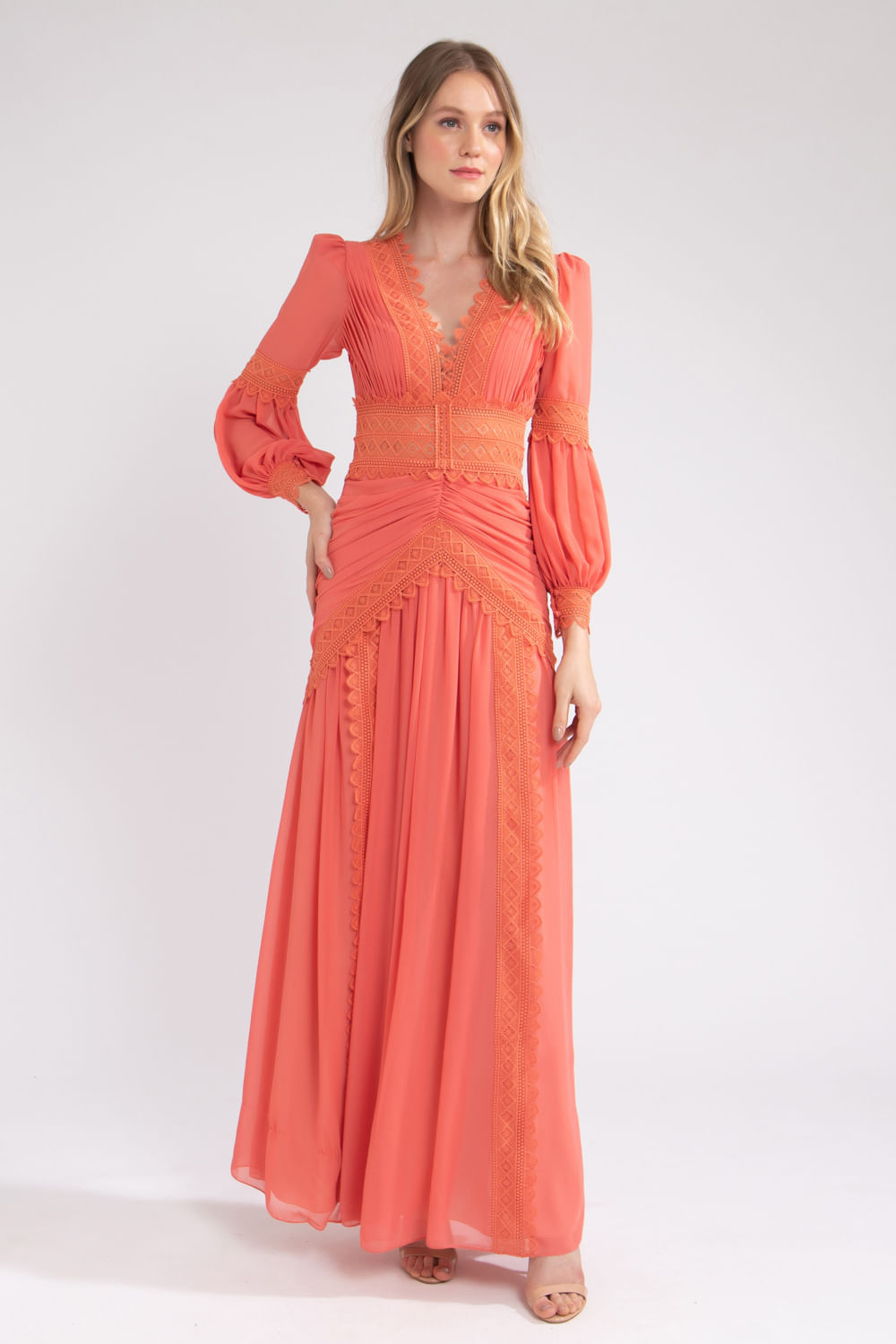VESTIDO LONGO LISO CORAL