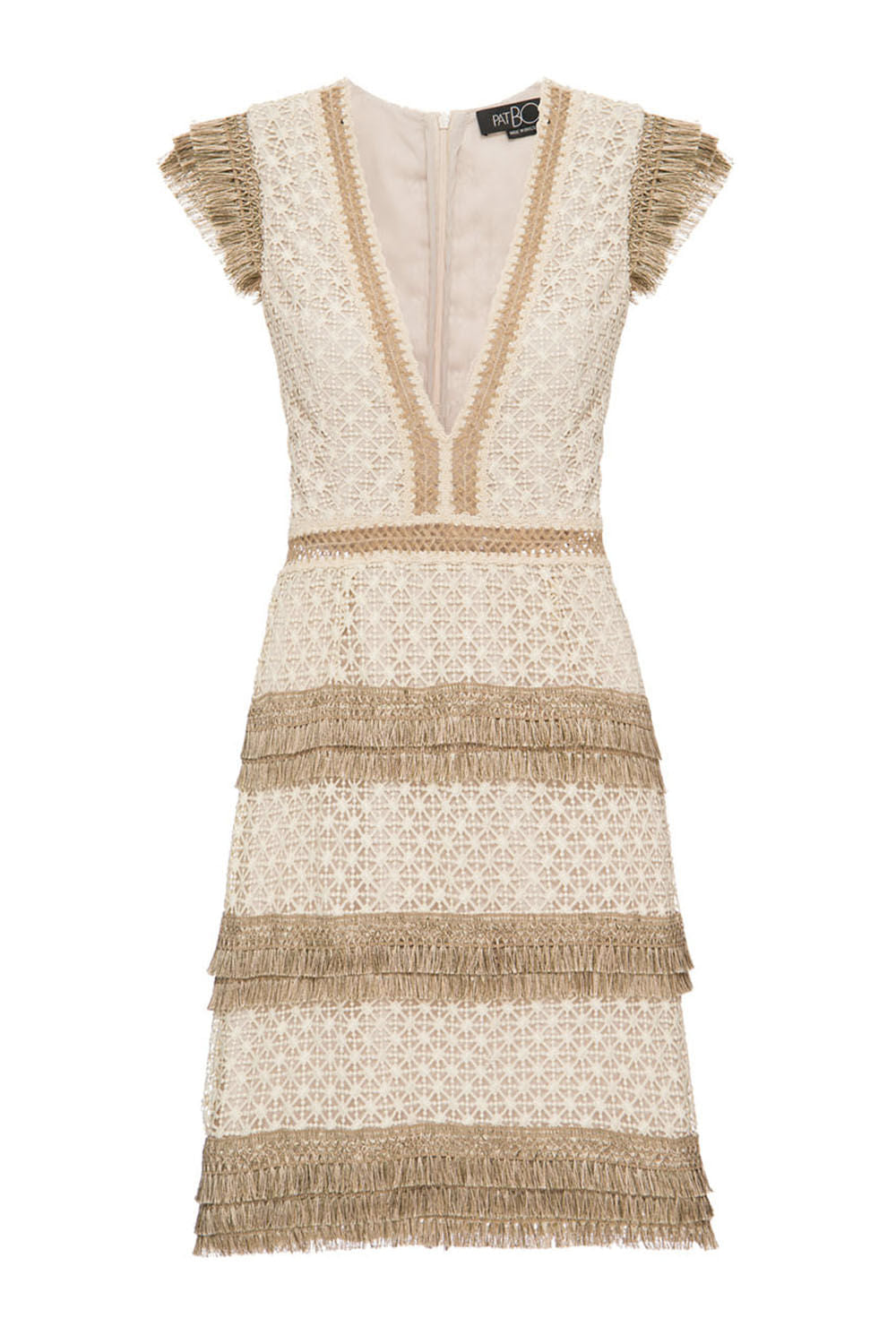 Vestido mÃ­di renda franjas bege