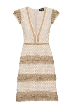 Vestido mÃ­di renda franjas bege