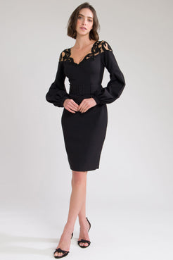 VESTIDO CURTO MANGAS LONGAS COLO BORDADO PRETO