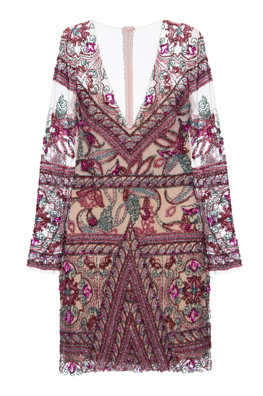 VESTIDO CURTO MANGA TULE BORDADO NUDE COM PINK