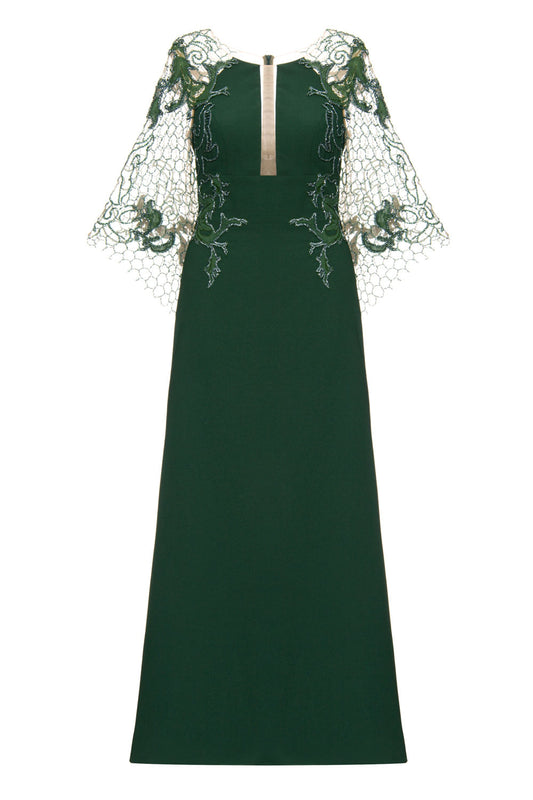 VESTIDO LONGO MANGA TULE BORDADO VERDE ESCURO
