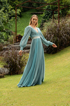 VESTIDO LONGO TRANSPARÊNCIA POÁ AZUL
