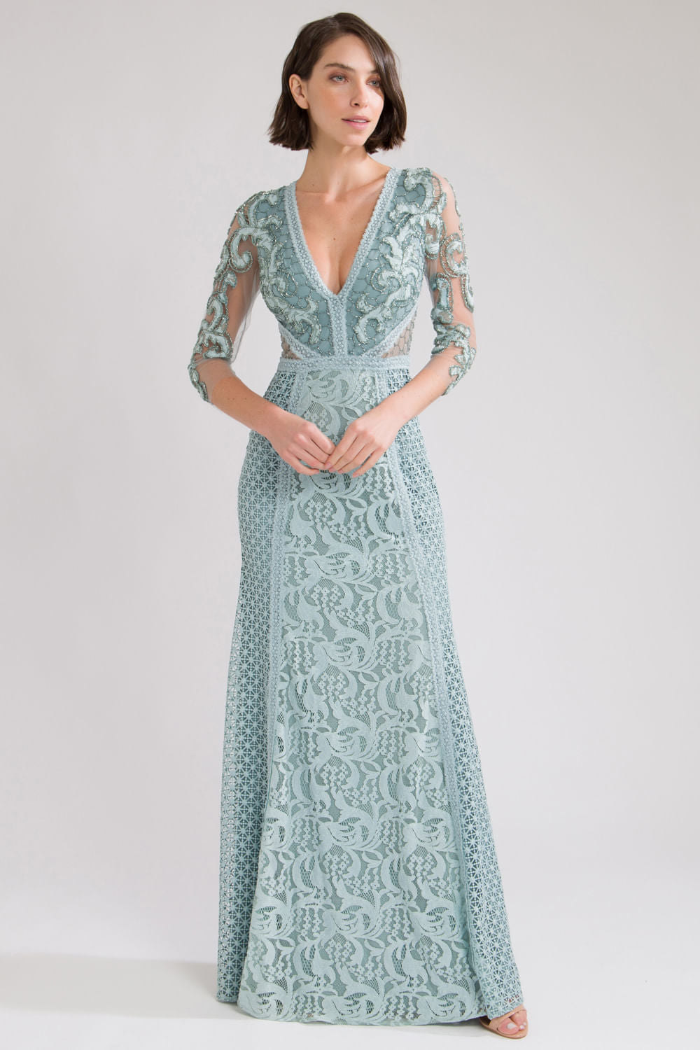 VESTIDO LONGO BORDADO RENDA ENTREMEIO  AZUL