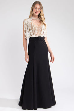 VESTIDO LONGO VELUDO BUSTO TULE PEROLÁS PRETO