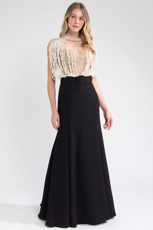 VESTIDO LONGO VELUDO BUSTO TULE PEROLÁS PRETO