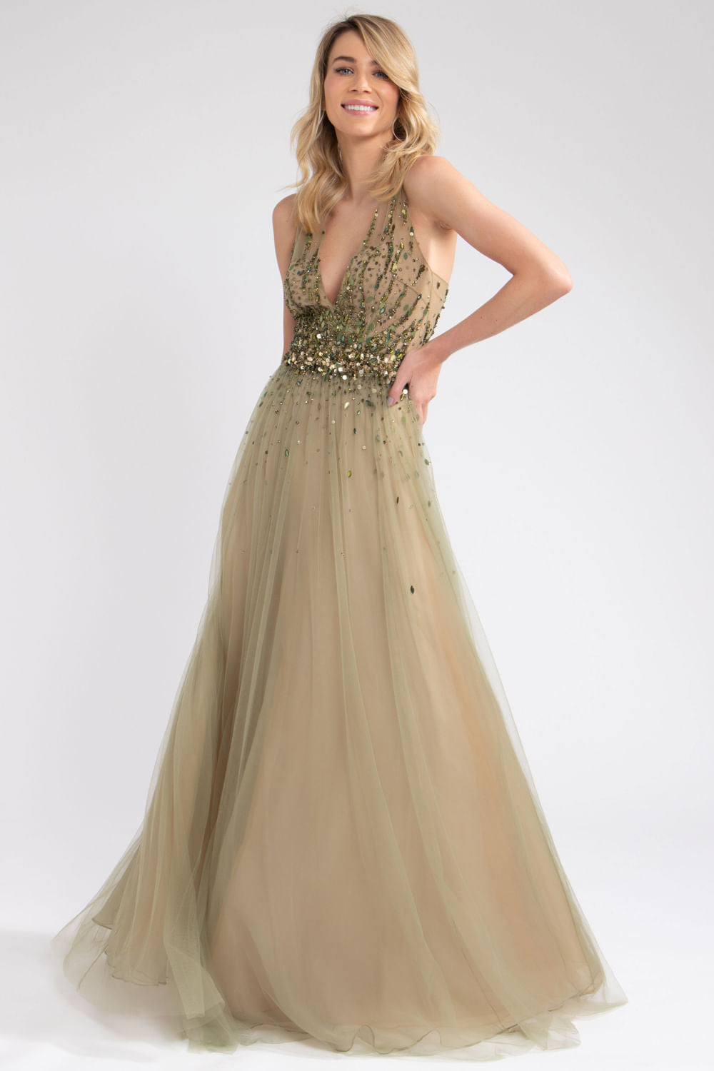 VESTIDO LONGO BORDADO SAIA AMPLA VERDE