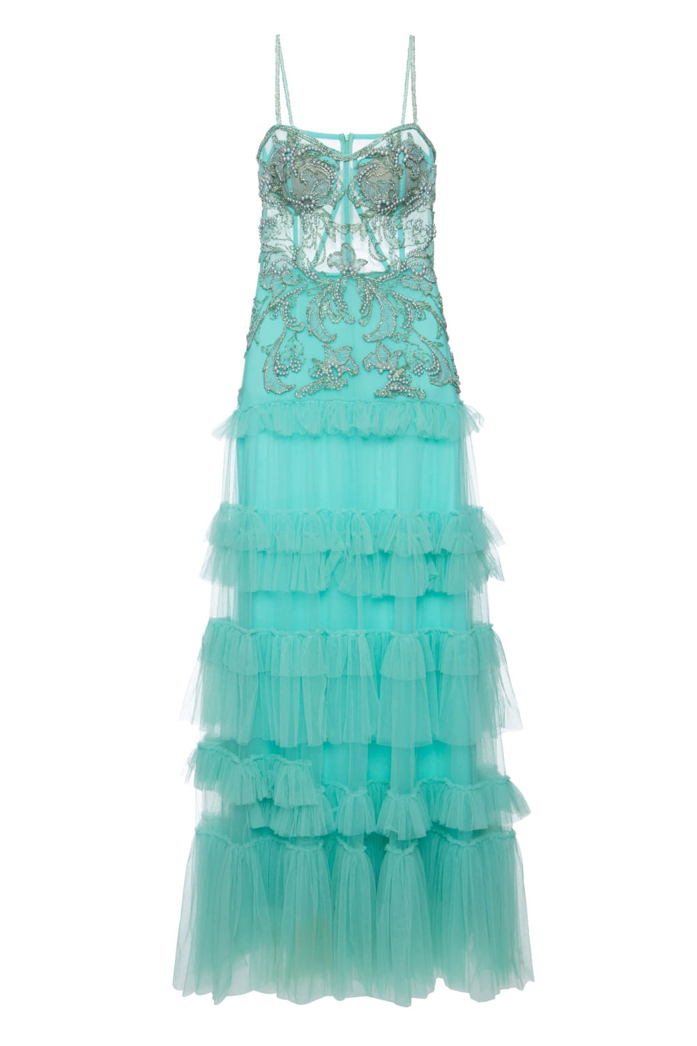 VESTIDO LONGO SAIA CAMADAS TULE BORDADO AZUL