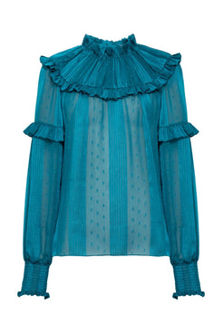 CAMISA GOLA BABADO SILK DOTS
 PETROLEO