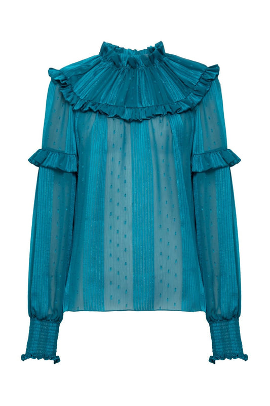 CAMISA GOLA BABADO SILK DOTS
 PETROLEO