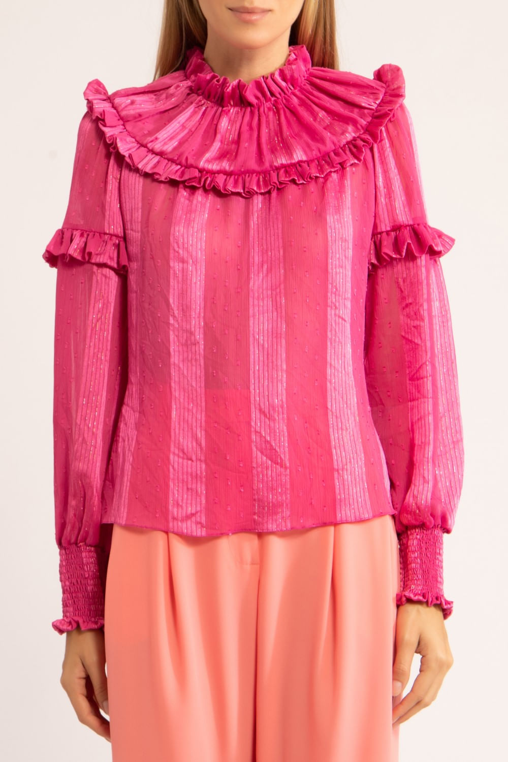 Camisa gola babado silk dots
 pink