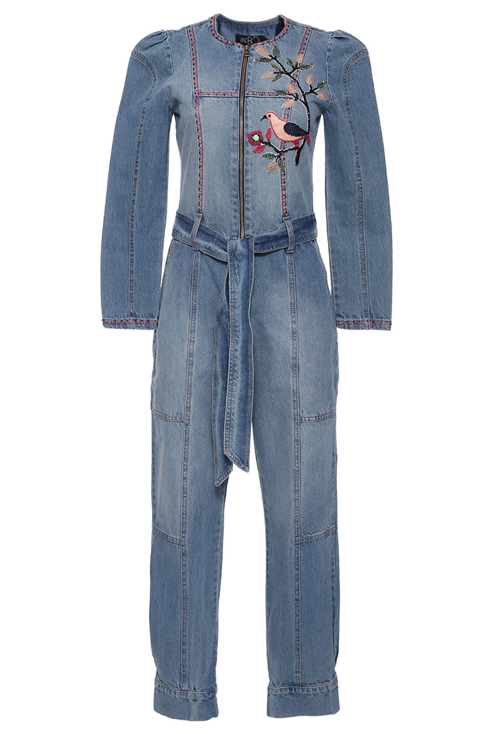 Macacão denim bordado 
 azul