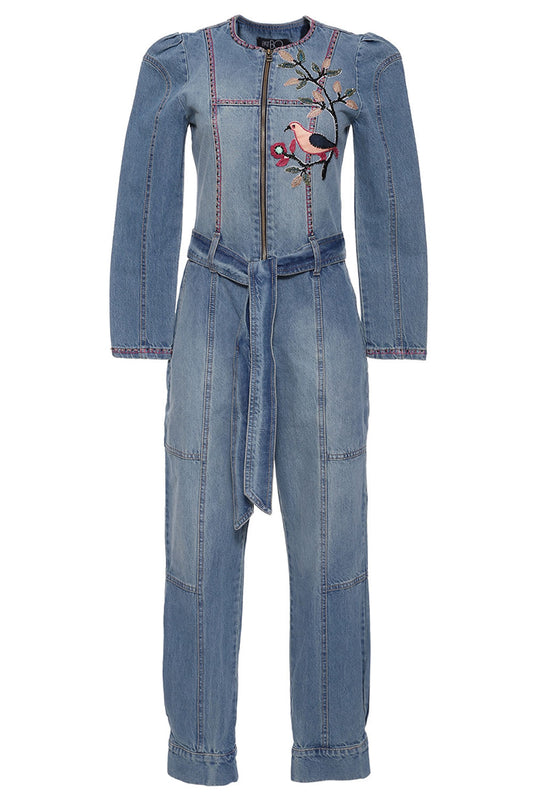 Macacão denim bordado 
 azul