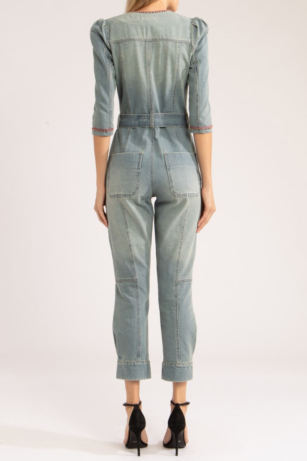 Macacão denim bordado 
 azul