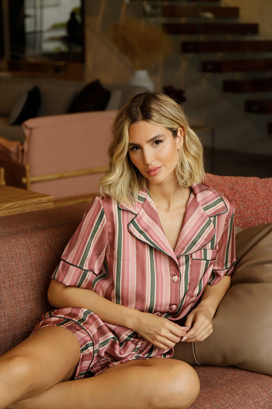PIJAMA LISTRADO VINTAGE CURTO ROSA