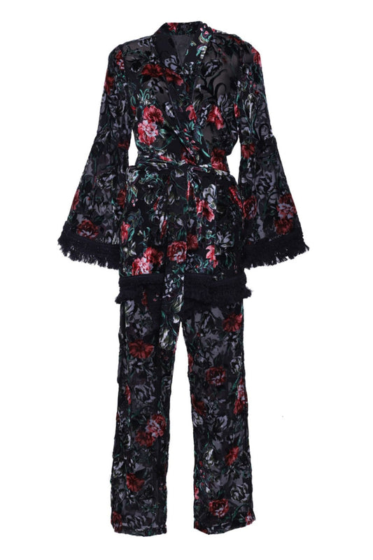 PIJAMA LONGO KIMONO VELUDO DEVORÊ PRETO