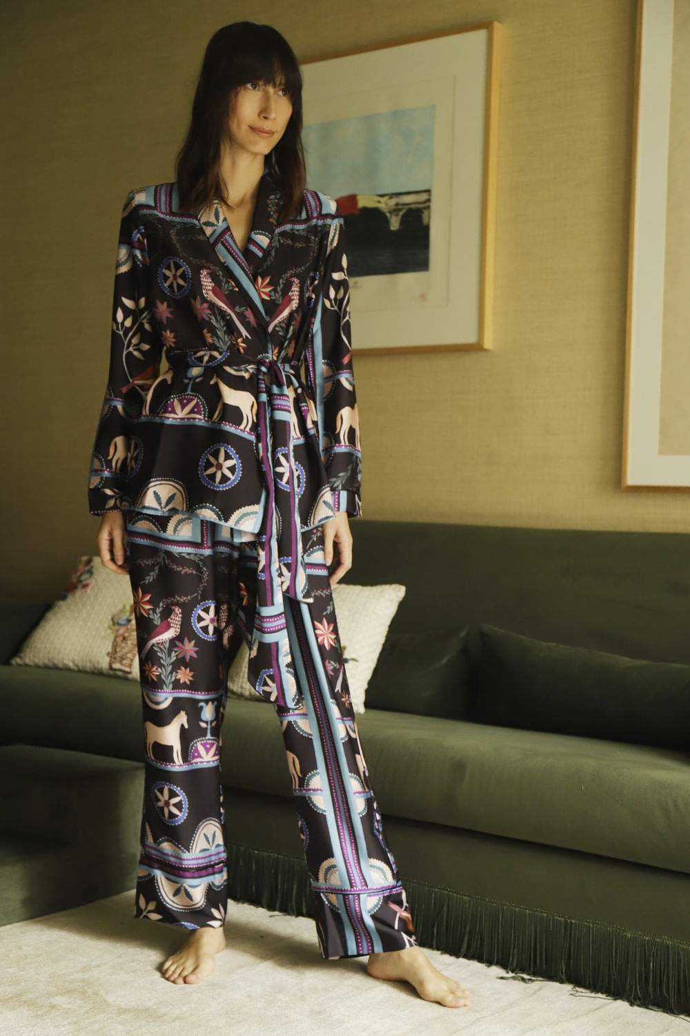 Pijama longo kimono cordel étnico preto