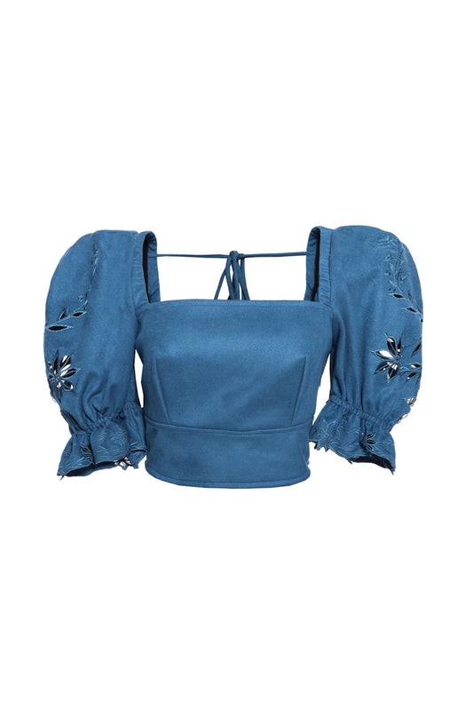 Top mangas bufantes bordado nobu
 azul
