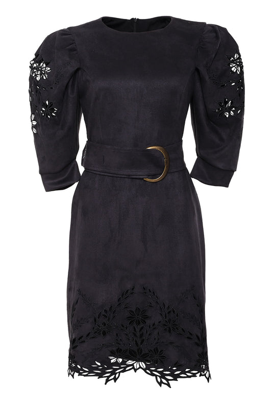 Vestido curto bordado cinto nobu
 preto