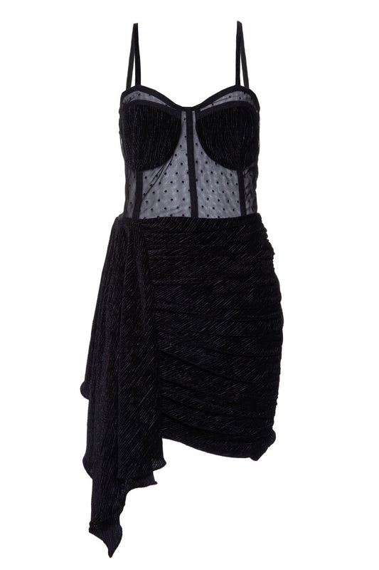 VESTIDO CURTO CORSET VELUDO PLISSADO
 PRETO