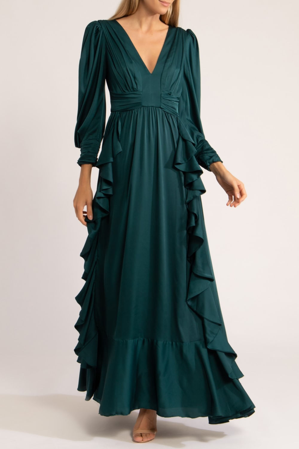 VESTIDO LONGO CETIM SENSORIAL 
 VERDE ESCURO