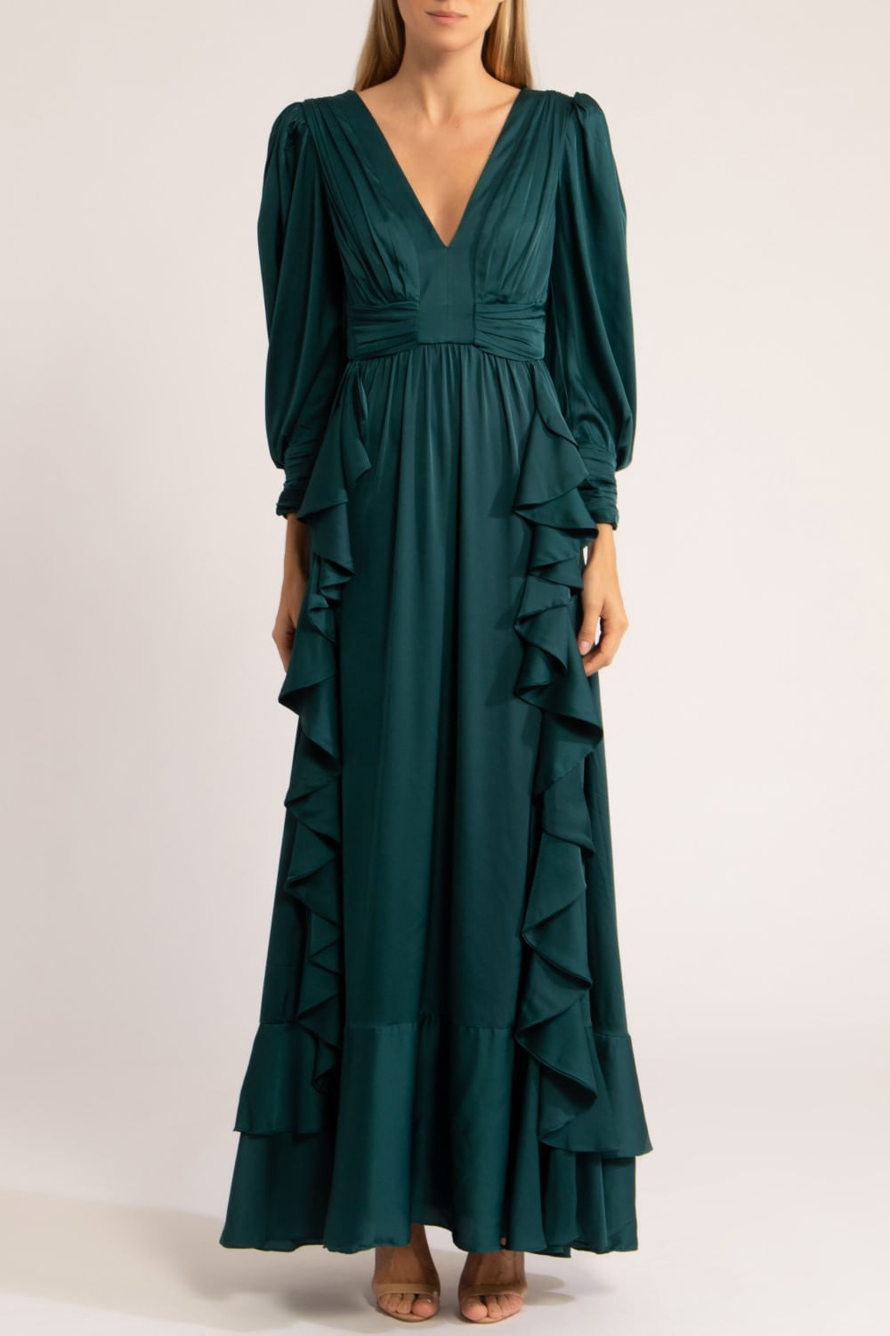 VESTIDO LONGO CETIM SENSORIAL 
 VERDE ESCURO