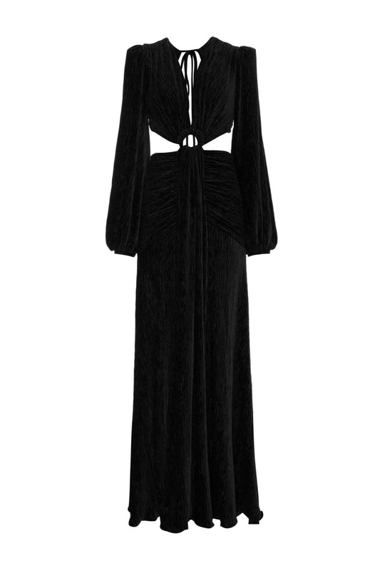 VESTIDO LONGO RECORTES VELUDO PLISSADO
 PRETO