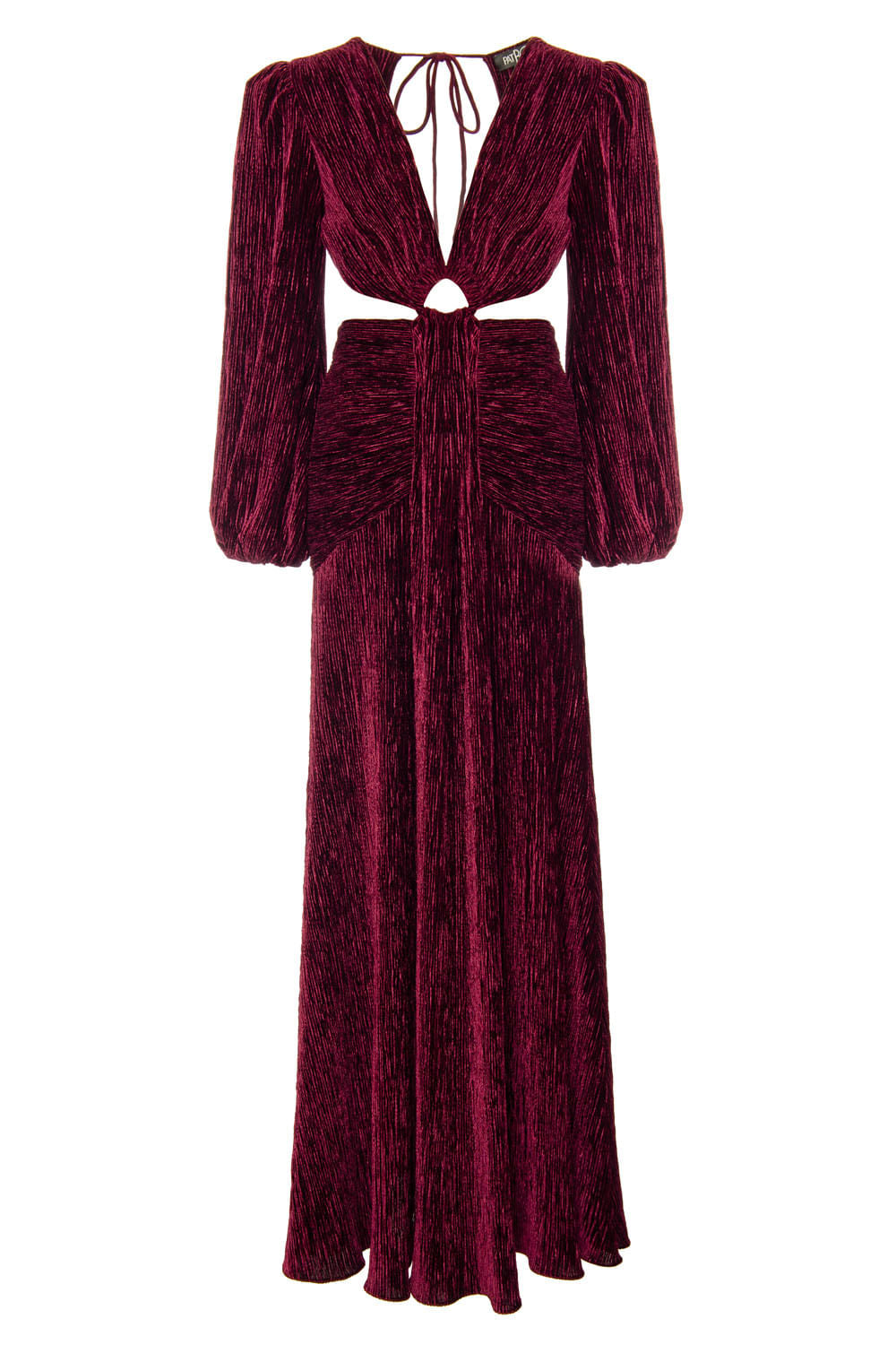 VESTIDO LONGO RECORTES VELUDO PLISSADO
 VINHO