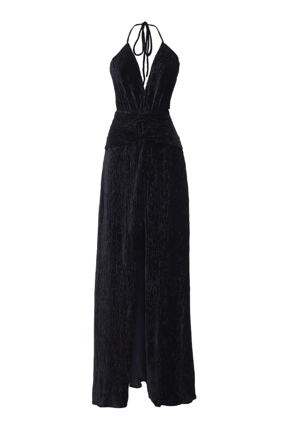 VESTIDO LONGO FENDA VELUDO PLISSADO
 PRETO