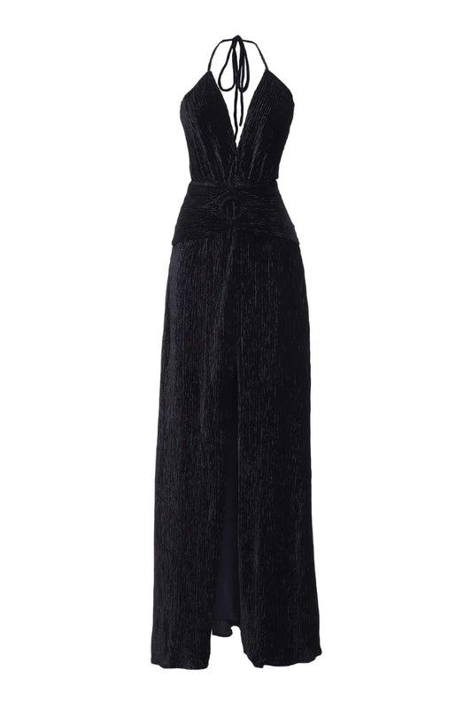 VESTIDO LONGO FENDA VELUDO PLISSADO
 PRETO