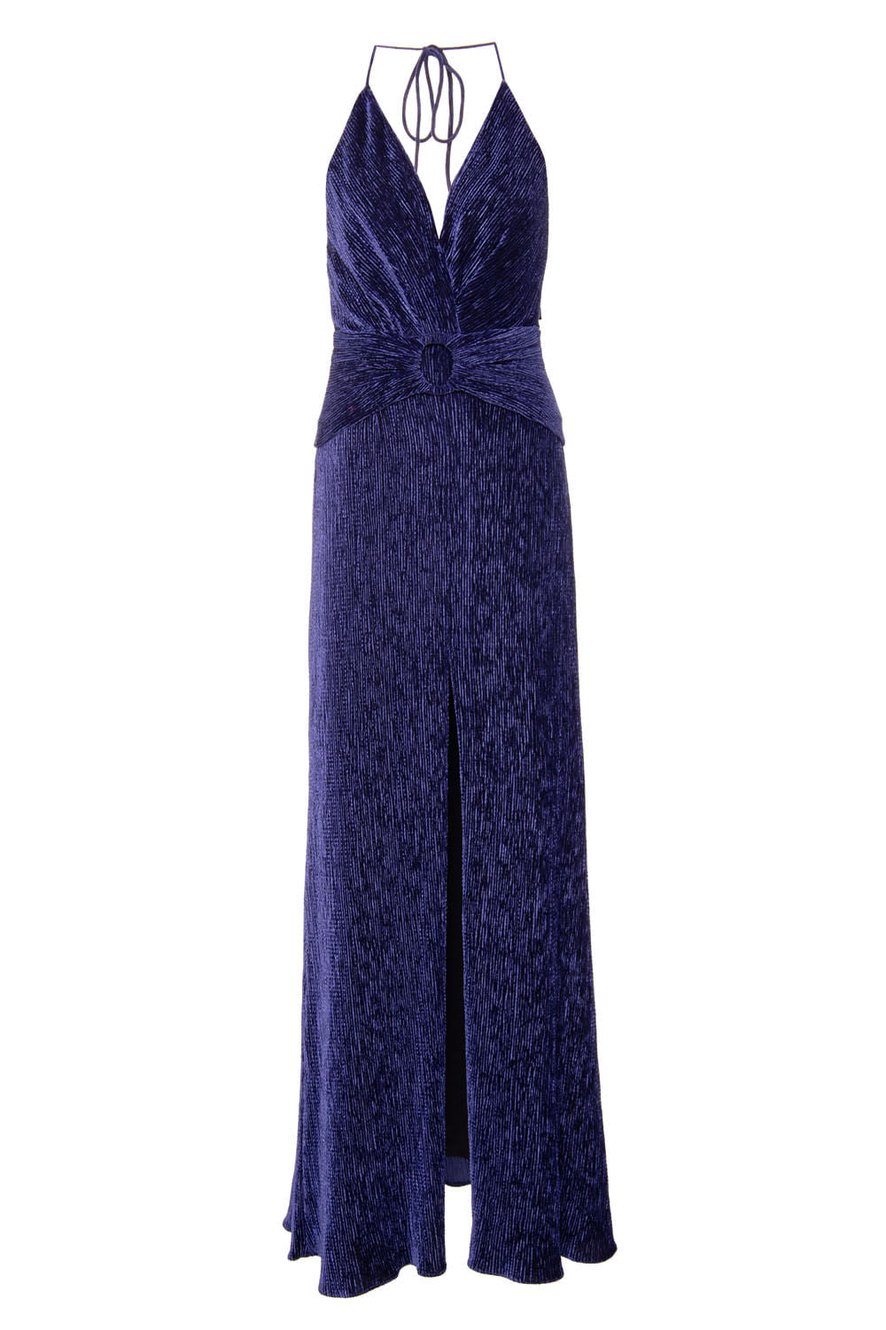 VESTIDO LONGO FENDA VELUDO PLISSADO
 AZUL