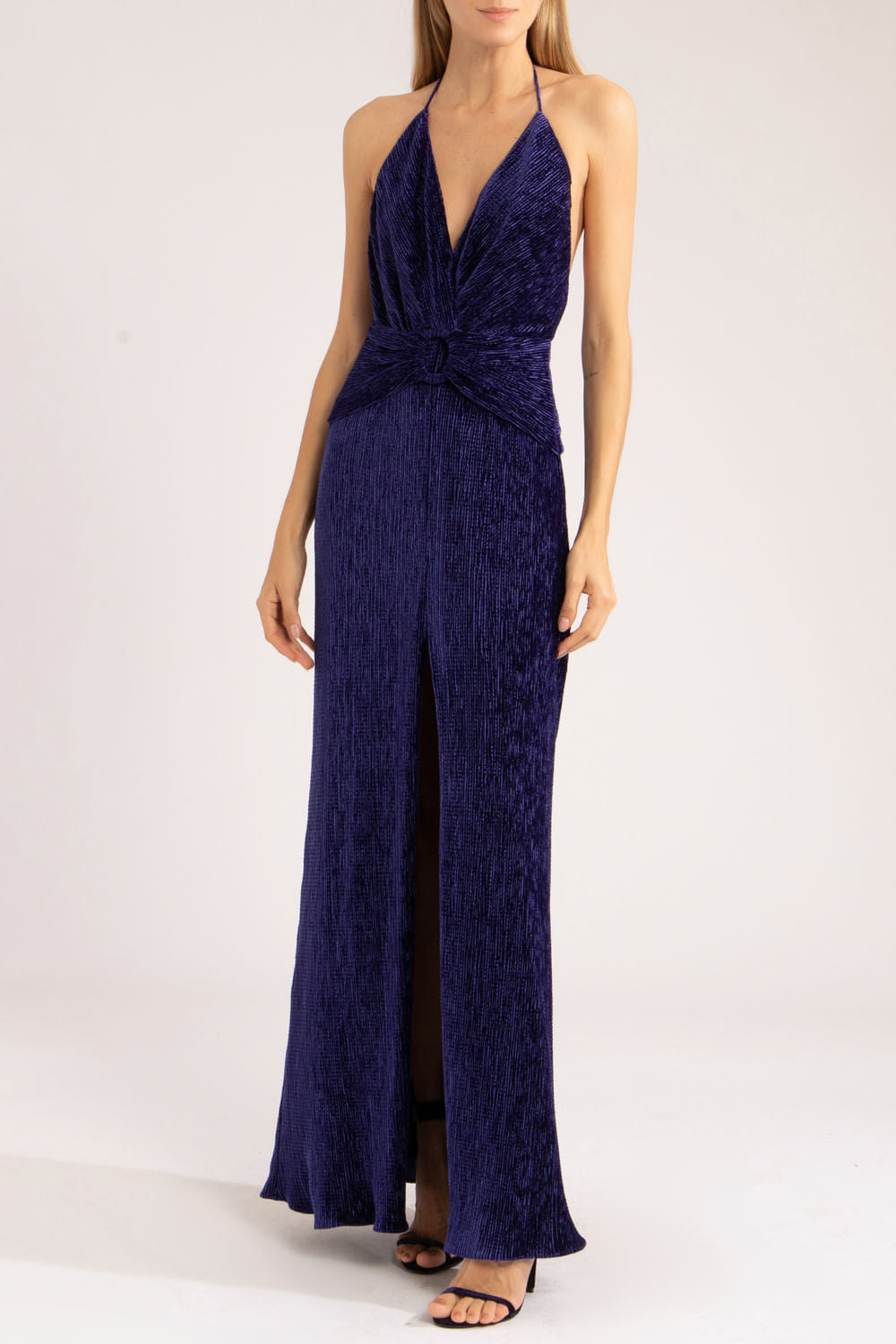 VESTIDO LONGO FENDA VELUDO PLISSADO
 AZUL