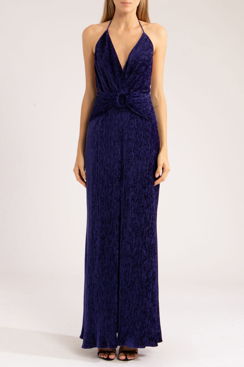 VESTIDO LONGO FENDA VELUDO PLISSADO
 AZUL