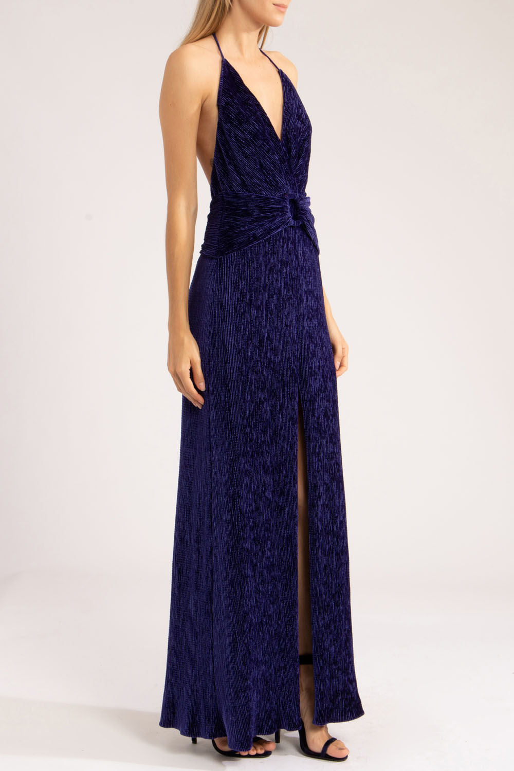 VESTIDO LONGO FENDA VELUDO PLISSADO
 AZUL