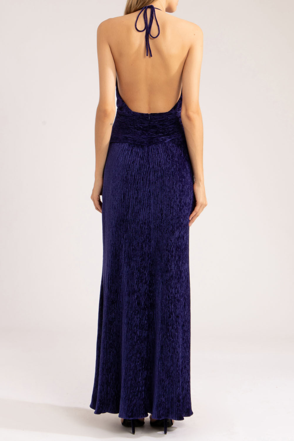 VESTIDO LONGO FENDA VELUDO PLISSADO
 AZUL