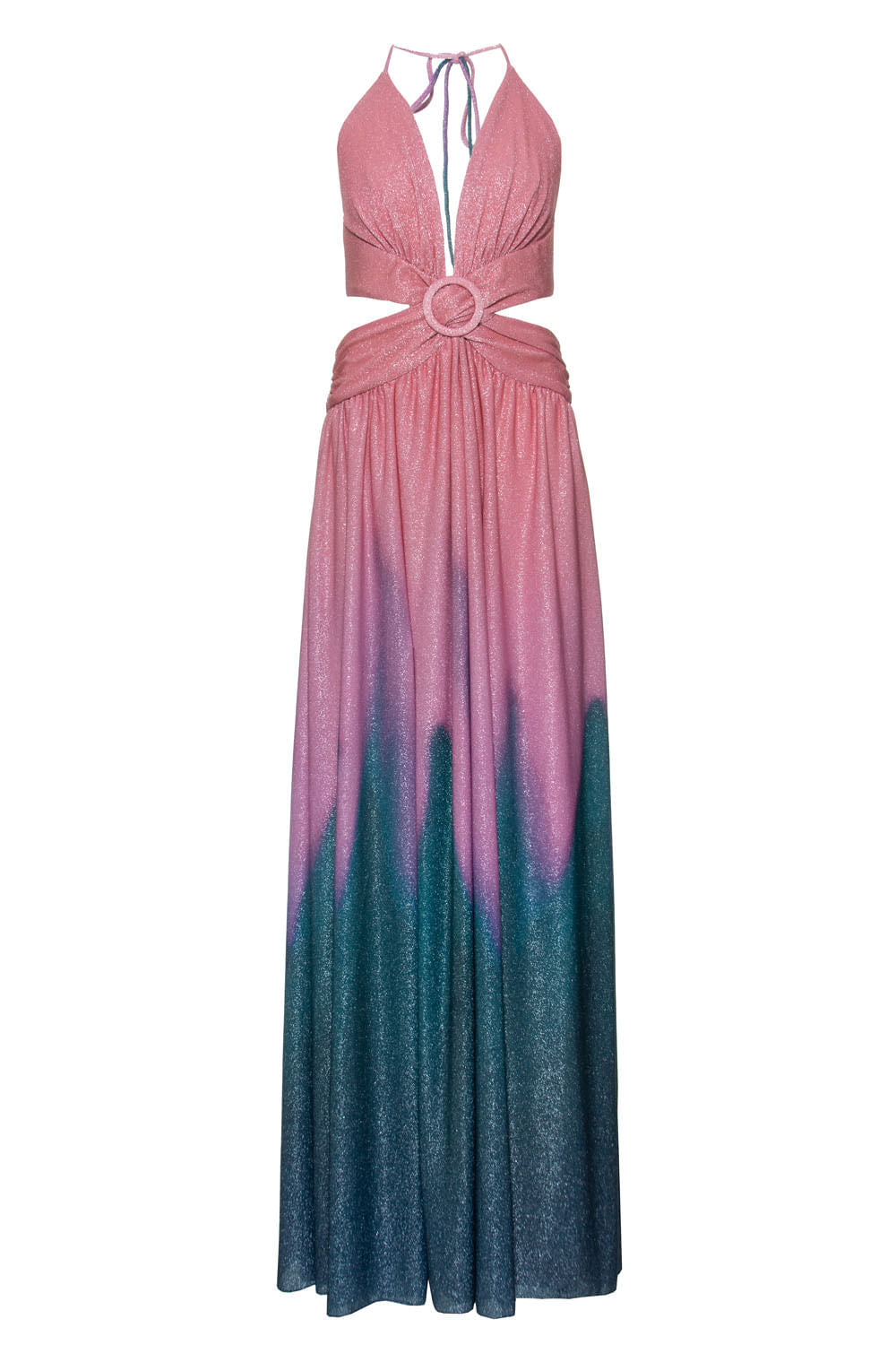 VESTIDO LONGO FENDA NEW OMBRÉ
 ROSA COM AZUL