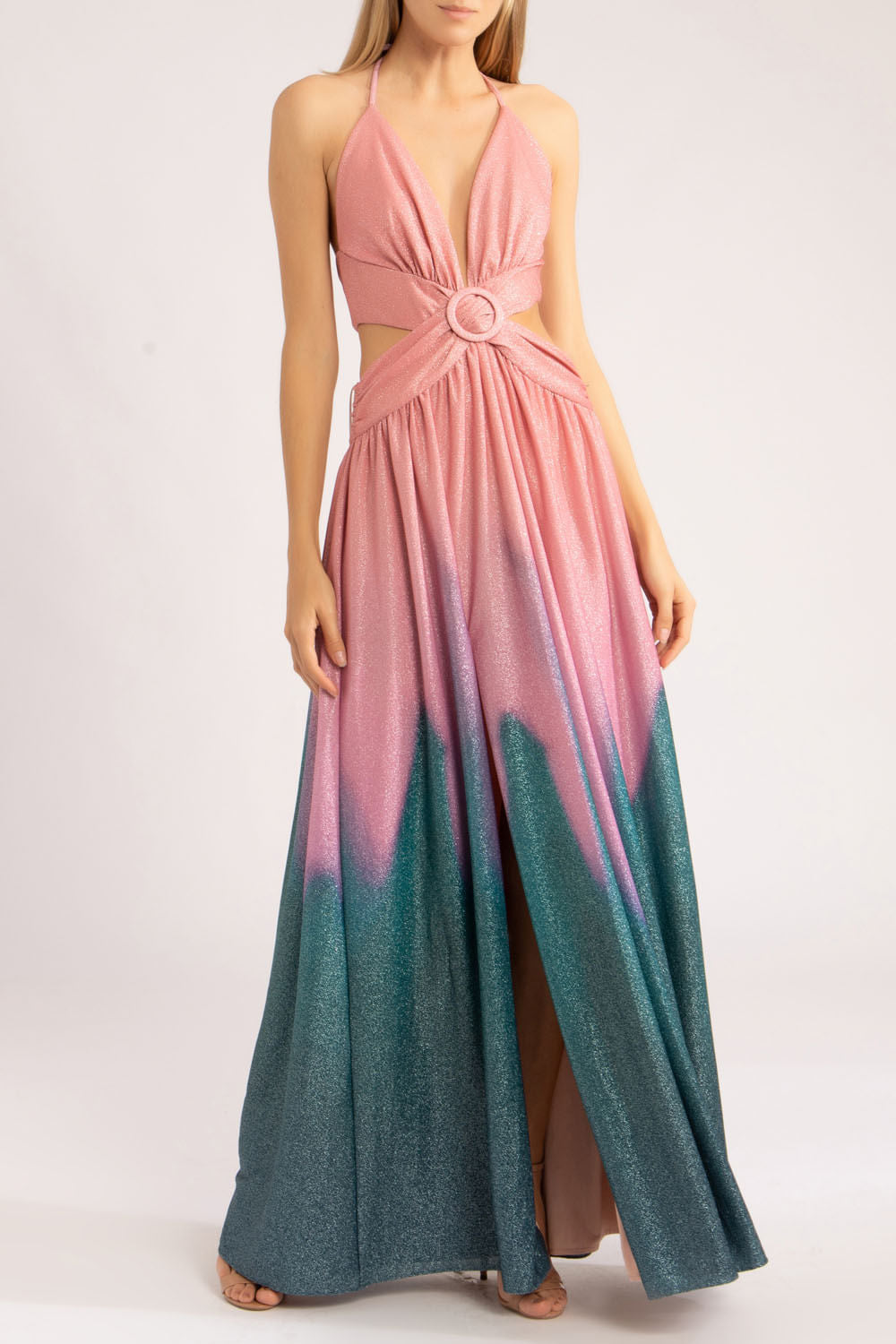 VESTIDO LONGO FENDA NEW OMBRÉ
 ROSA COM AZUL