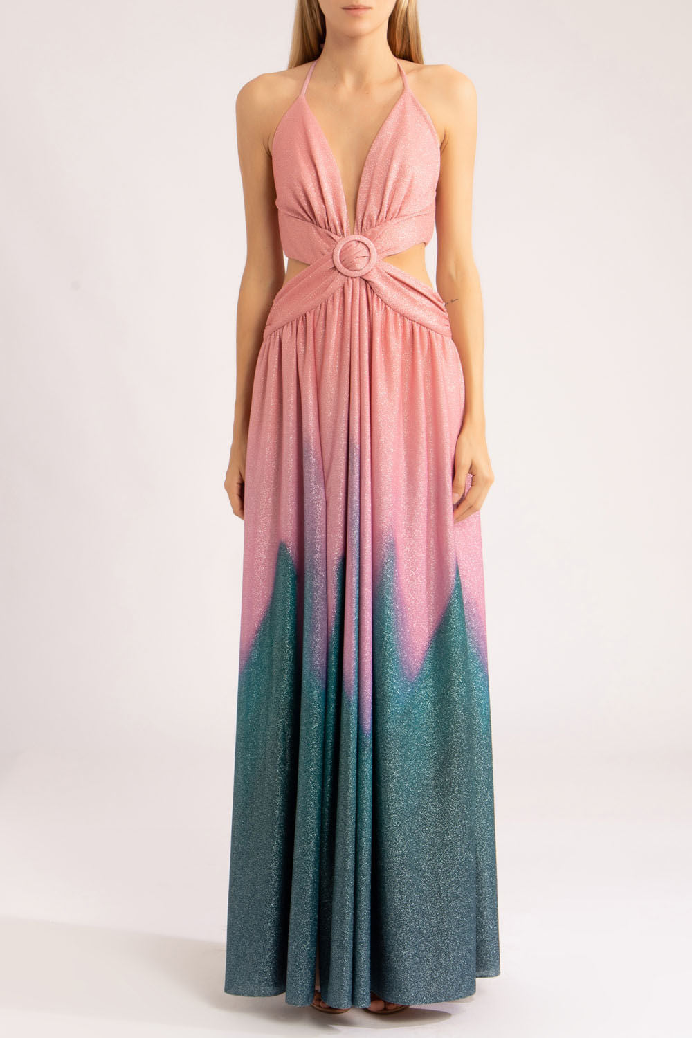 VESTIDO LONGO FENDA NEW OMBRÉ
 ROSA COM AZUL