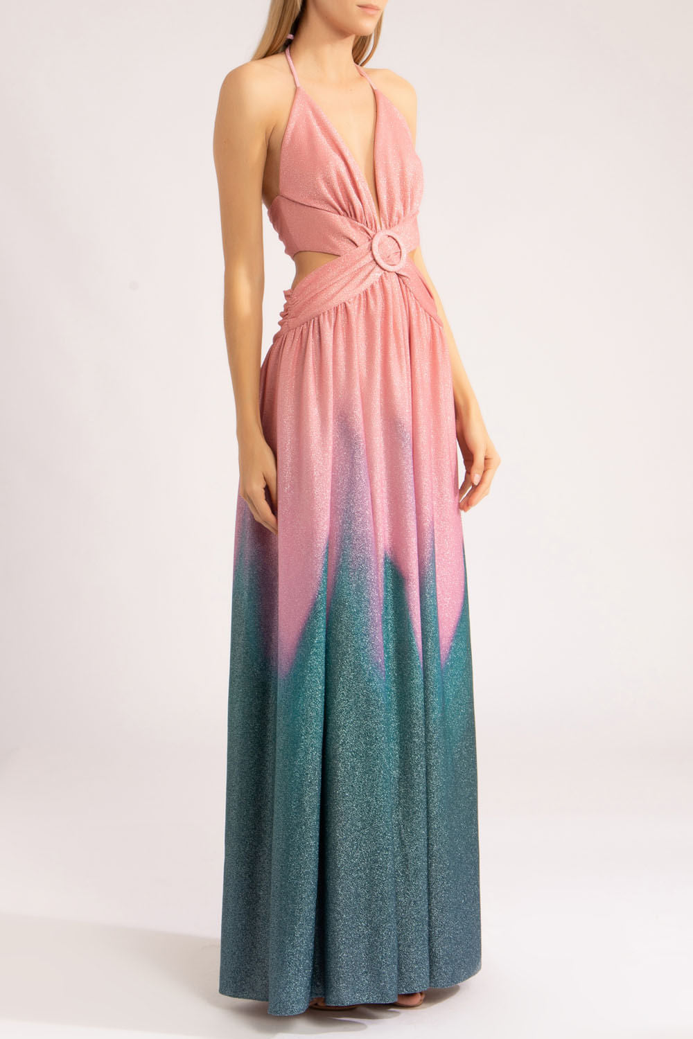 VESTIDO LONGO FENDA NEW OMBRÉ
 ROSA COM AZUL