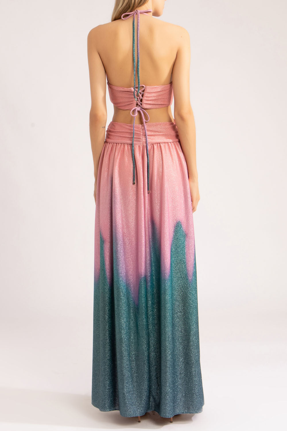 VESTIDO LONGO FENDA NEW OMBRÉ
 ROSA COM AZUL
