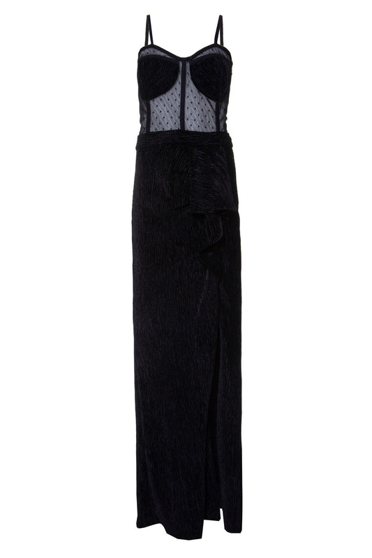 VESTIDO LONGO CORSET VELUDO PLISSADO
 PRETO